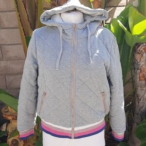 Spiritual Gangster Aspen Quilted Hoodie Puffer Jacket Gray Stripe Trim Size S